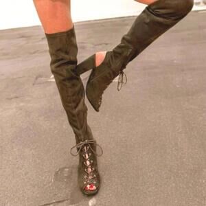 SEXY! GUESS | SZ 7 | Olive Green Knee-High Block Heel Peep Toe Faux Suede Boots